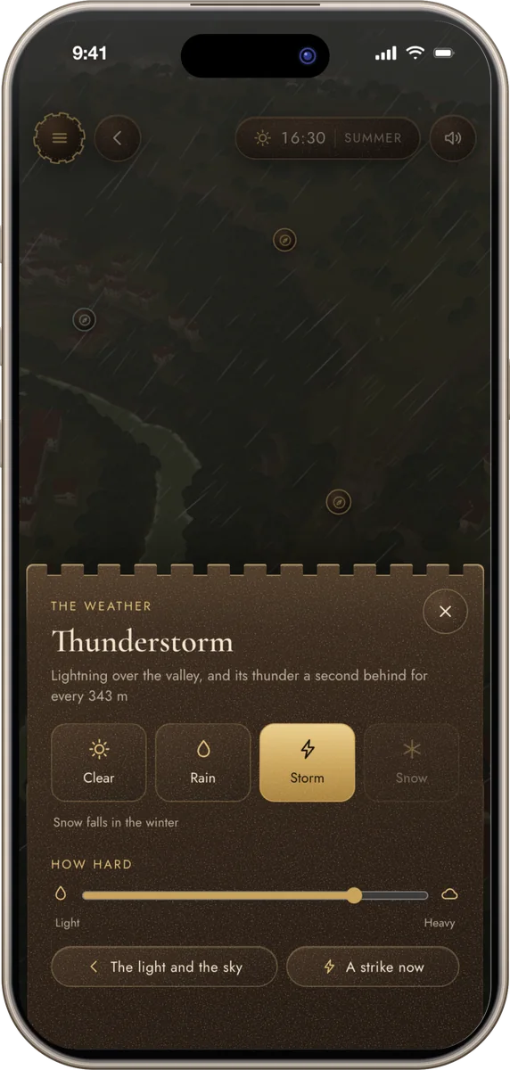 The weather in the app: clear, rain, a thunderstorm or snow, how hard it falls, and a lightning strike at a touch