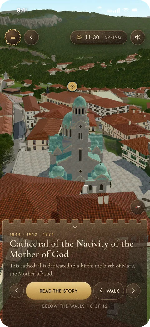 Cathedral of the Nativity of the Mother of God in the town, its domes above the roofs