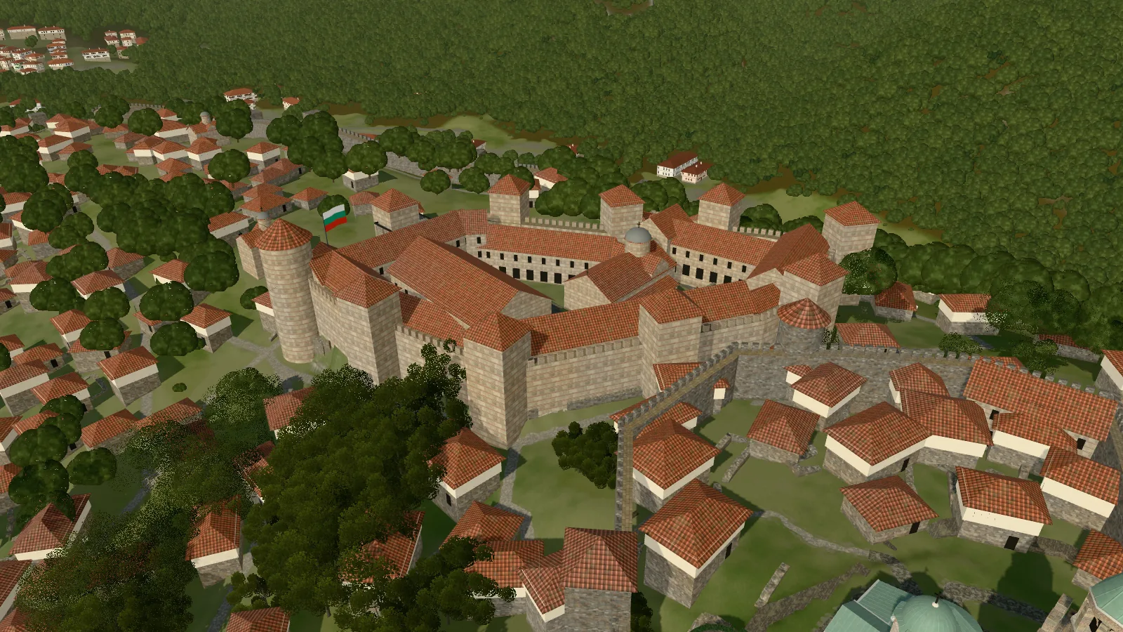 The same view in 1390: the palace risen with its towers and halls, the houses of the town around it